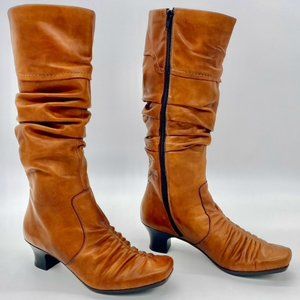 Rieker Tall Boots Womens 7.5 Brown Knee High Ruched Side Zip Kitten Heel Leather